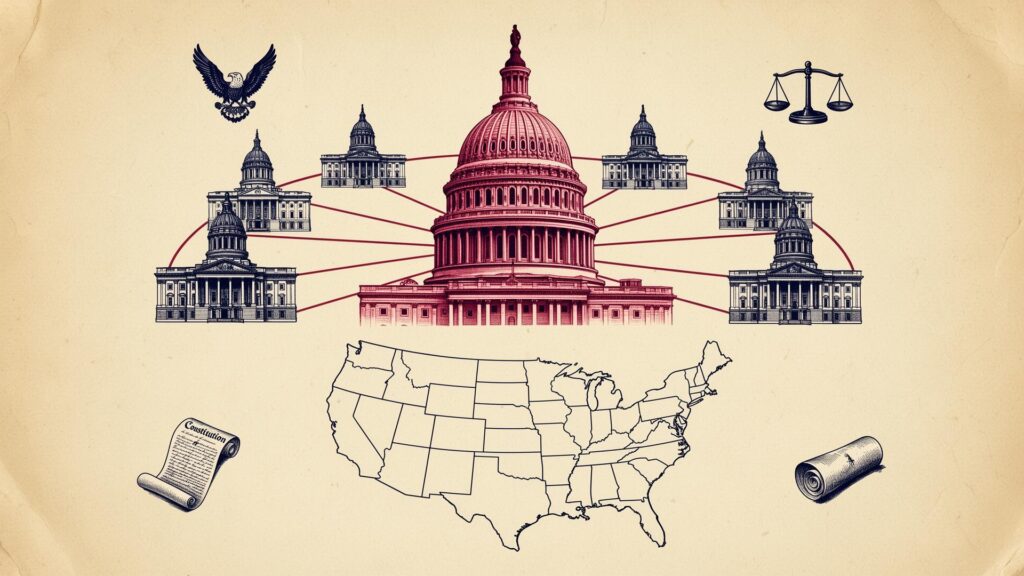 alt="Federalism diagram showing federal powers, state powers, and shared powers in the United States"