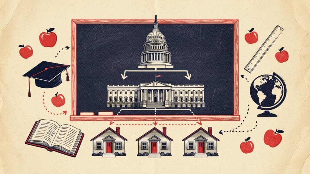 A clean, minimalist thumbnail featuring a school desk and the text overlay: Common Education Policy Misconceptions