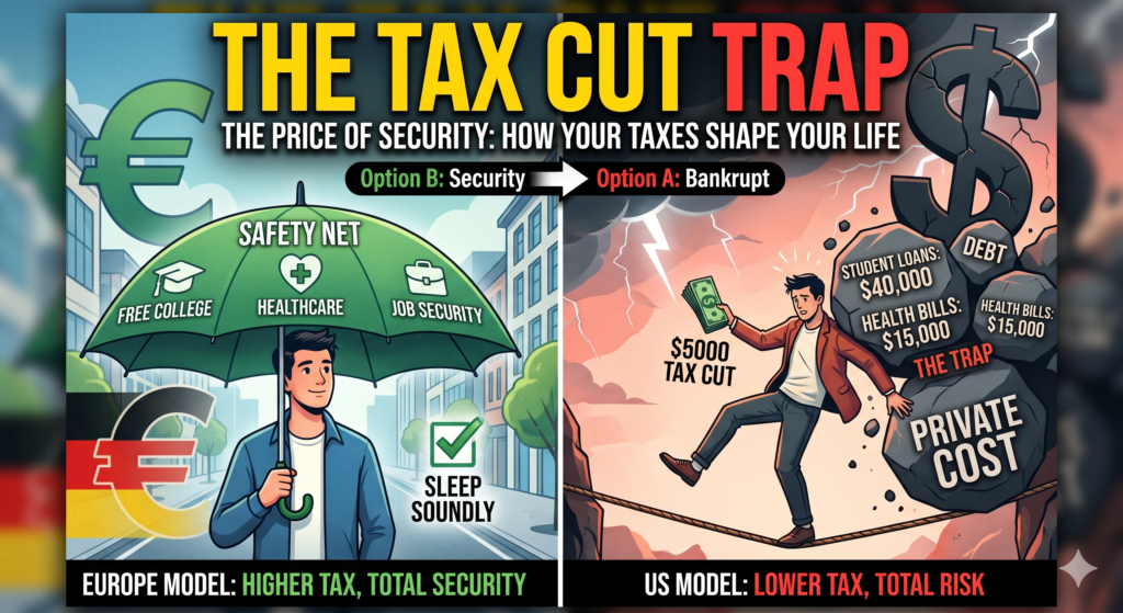 A side-by-side conceptual graphic comparing a paycheck with out-of-pocket receipts to highlight the hidden price of lower taxes.