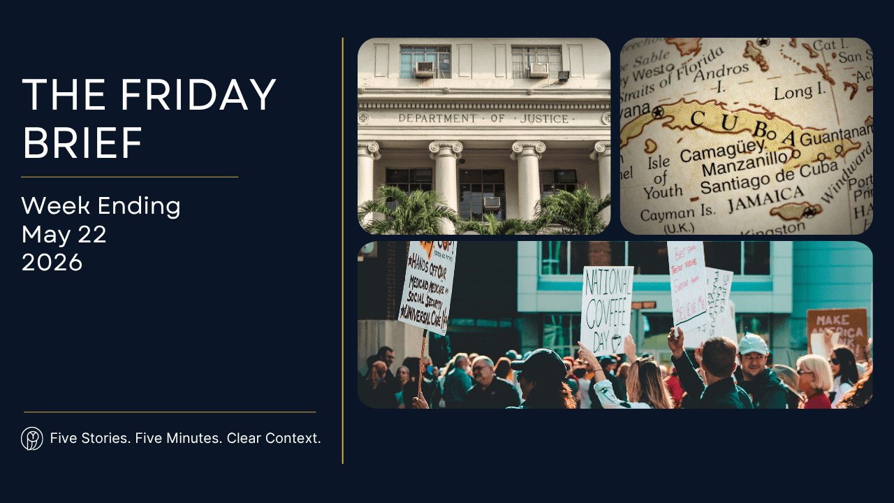 Illustration highlighting the three biggest current events from the week ending May 22, 2026, including the Supreme Court, Congress, housing, energy, and scientific research.