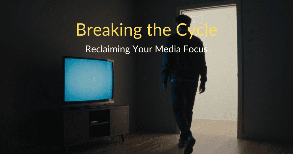 A person walking away from a glowing television screen in a dark room toward an open, brightly lit doorway, illustrating a healthy media diet balance and how news consumption affects mental health.