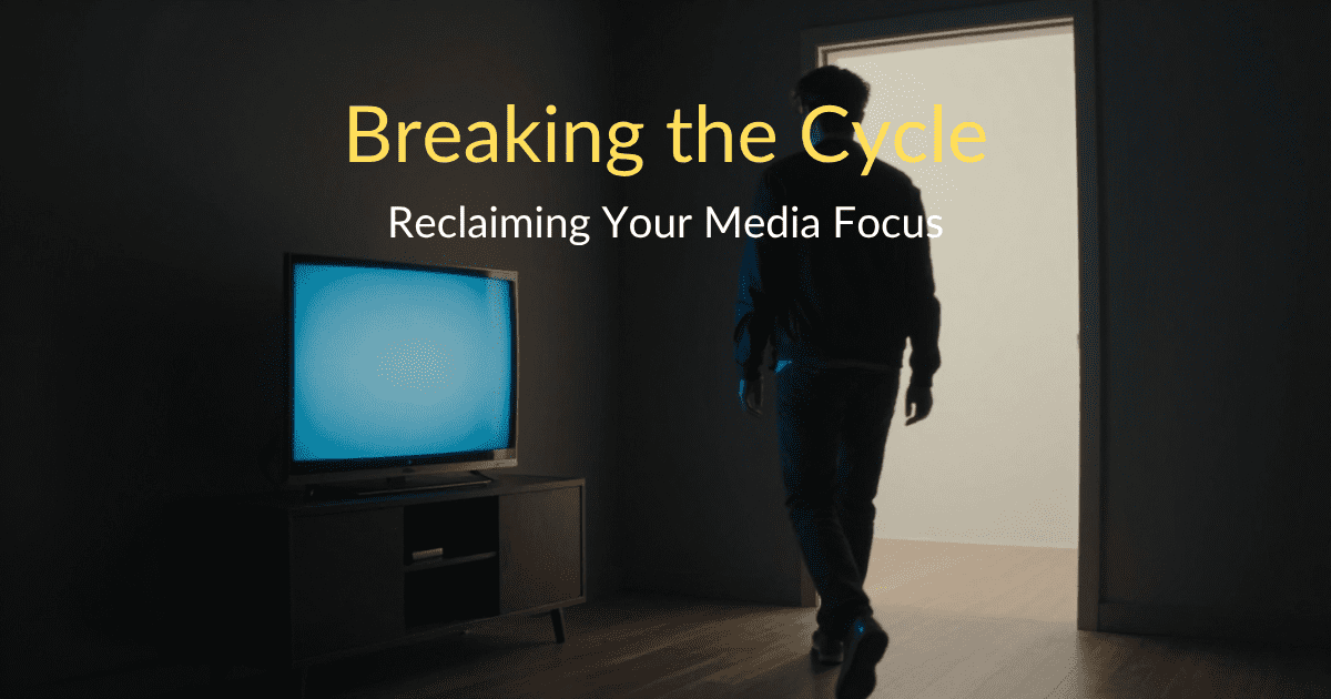A person walking away from a glowing television screen in a dark room toward an open, brightly lit doorway, illustrating a healthy media diet balance and how news consumption affects mental health.