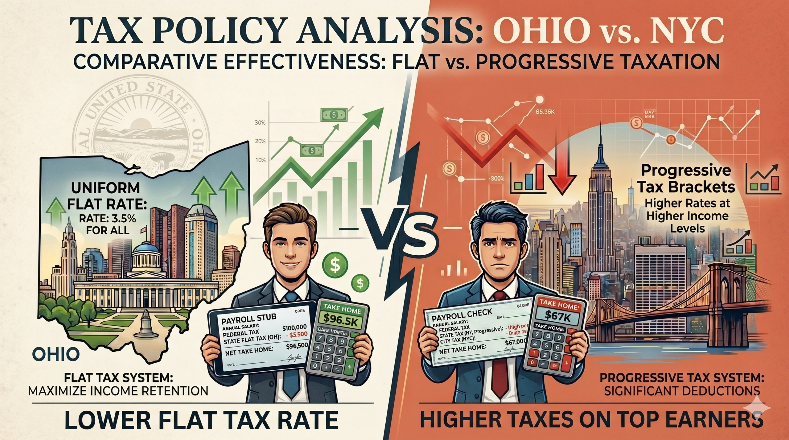 Flat Tax vs Wealth Tax comparison showing Ohio and New York City tax approaches