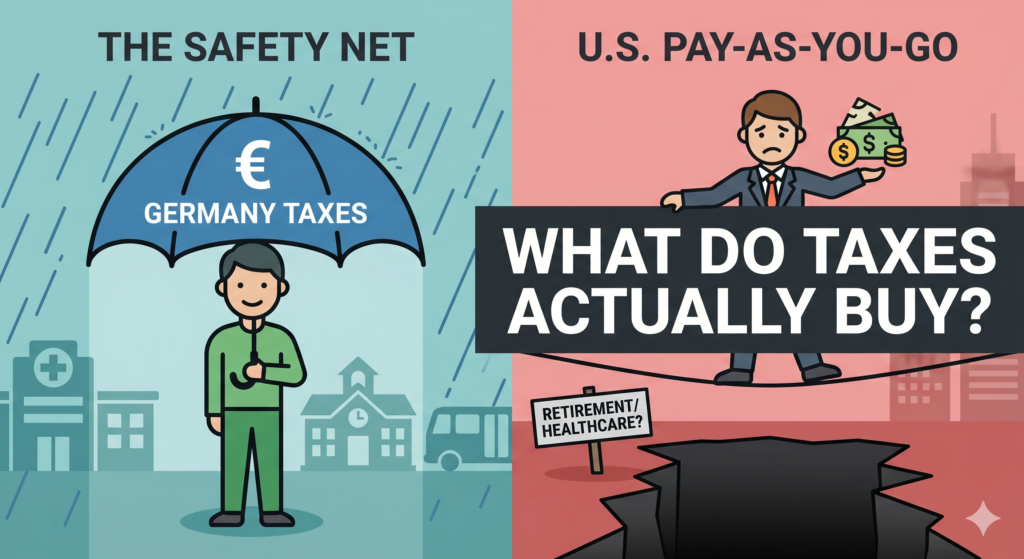 Educational graphic comparing a progressive tax bracket system with a uniform flat tax rate, styled in pastel tones for a political systems lesson.