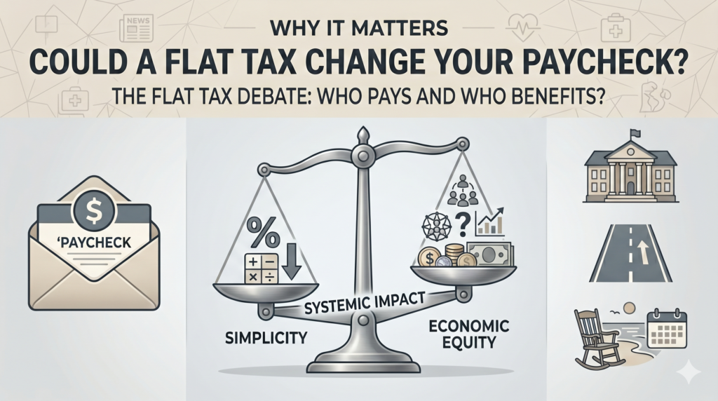 Flat Tax vs Wealth Tax illustration showing how tax policy can affect paychecks, public services, and economic fairness