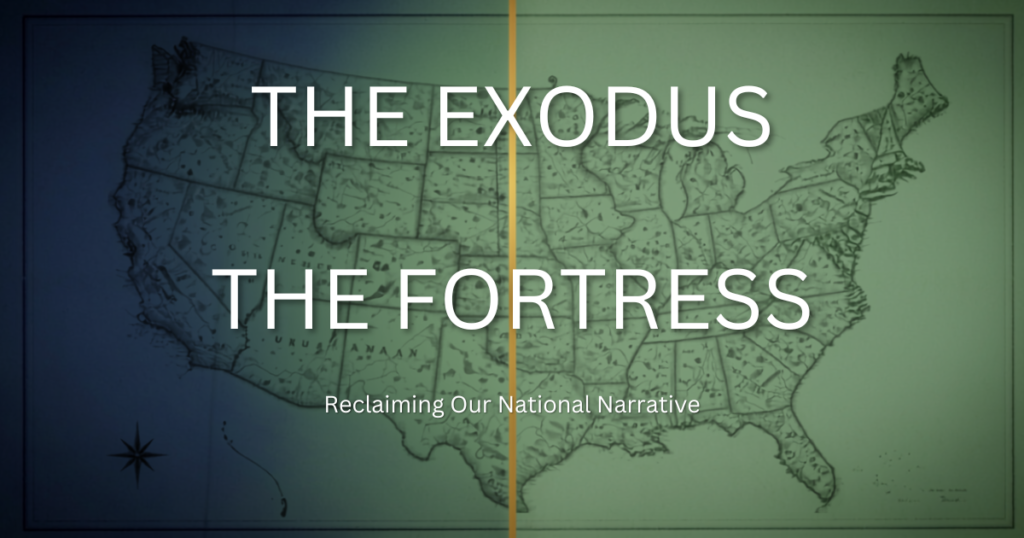 dual-tone split graphic of a vintage United States map featuring the text title The Exodus and The Fortress.