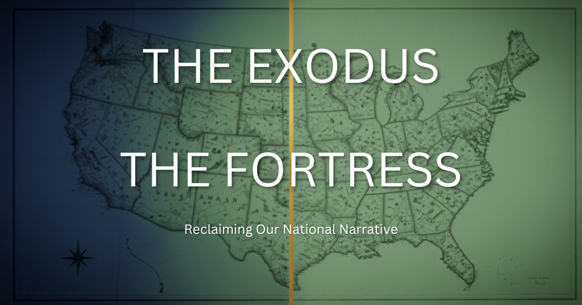 dual-tone split graphic of a vintage United States map featuring the text title The Exodus and The Fortress.