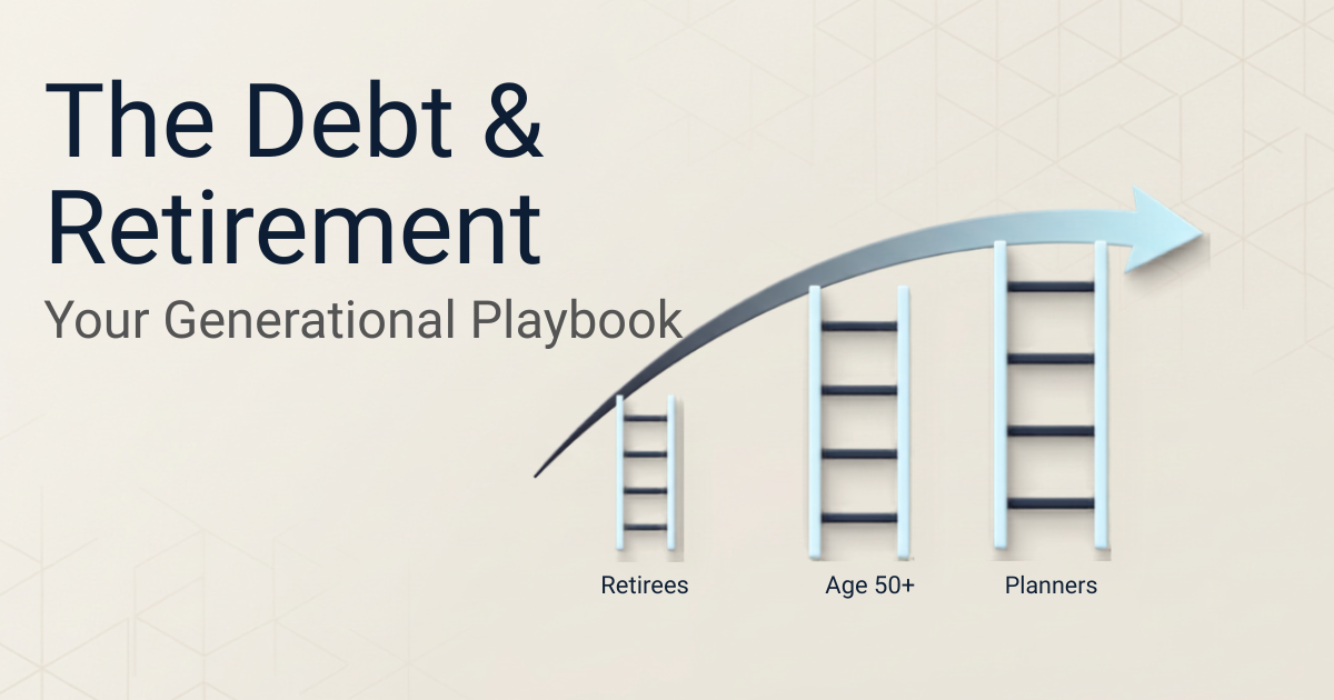 A clean minimalist graphic on a soft beige background featuring three ascending blue ladders labeled for retirees, age 50 plus, and future planners under an upward-pointing arrow, illustrating how national debt impacts social security strategies.