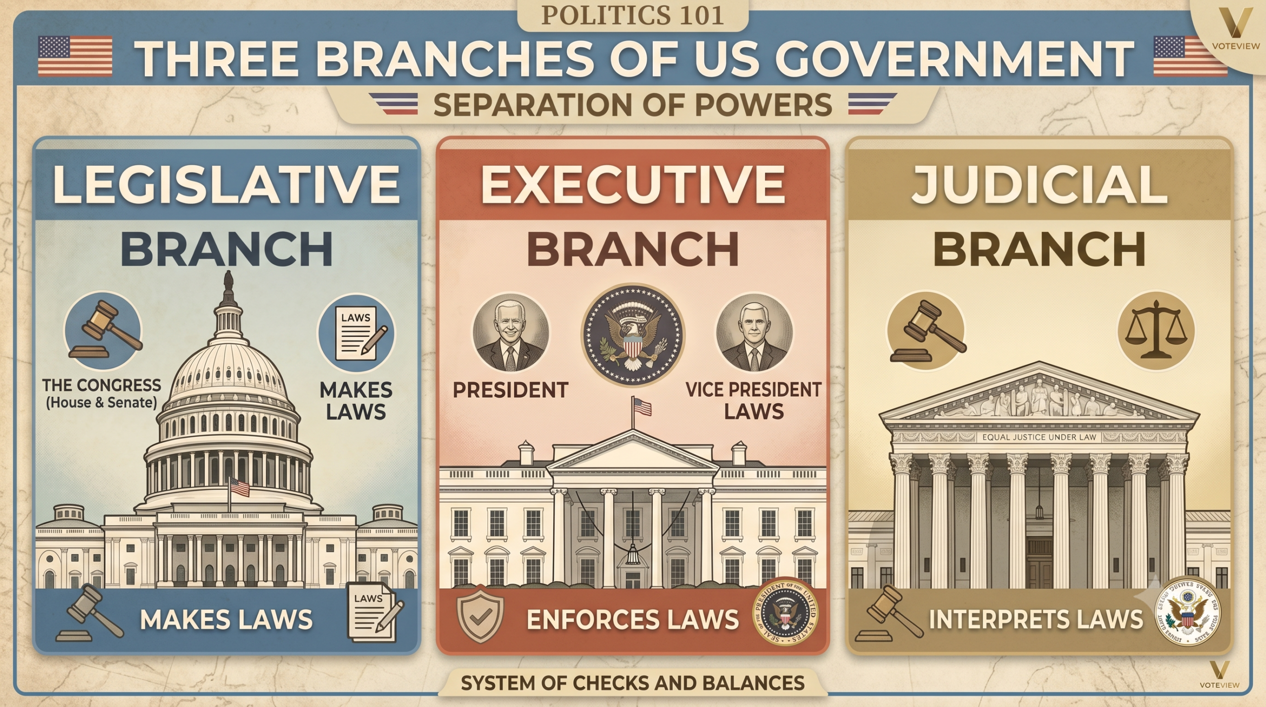 Illustration of the three branches of government showing the Legislative Branch, Executive Branch, and Judicial Branch and how separation of powers works in the United States.
