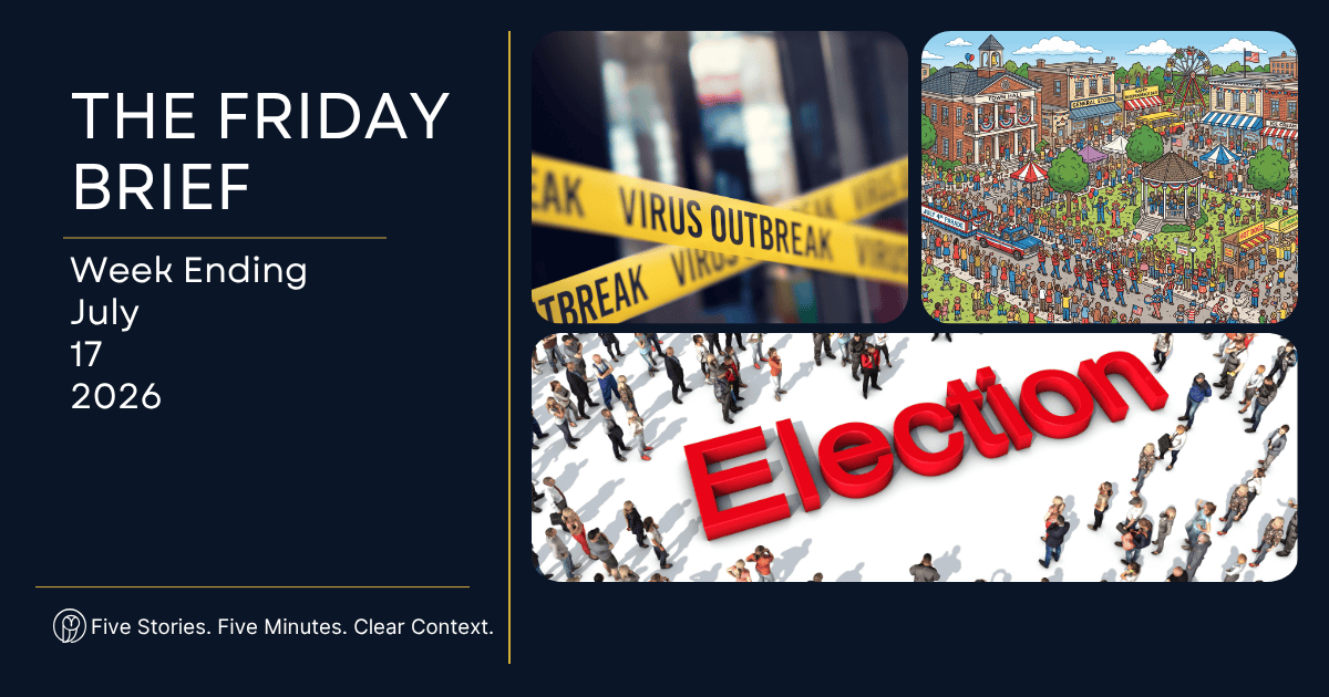 Current events summary for July 10–17, 2026, featuring election security, war powers, congressional funding, AI, and public health news.