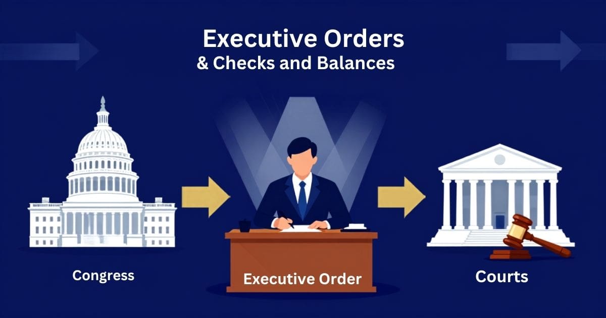 Civics 101 graphic showing executive orders and checks and balances between the President, Congress, and the courts