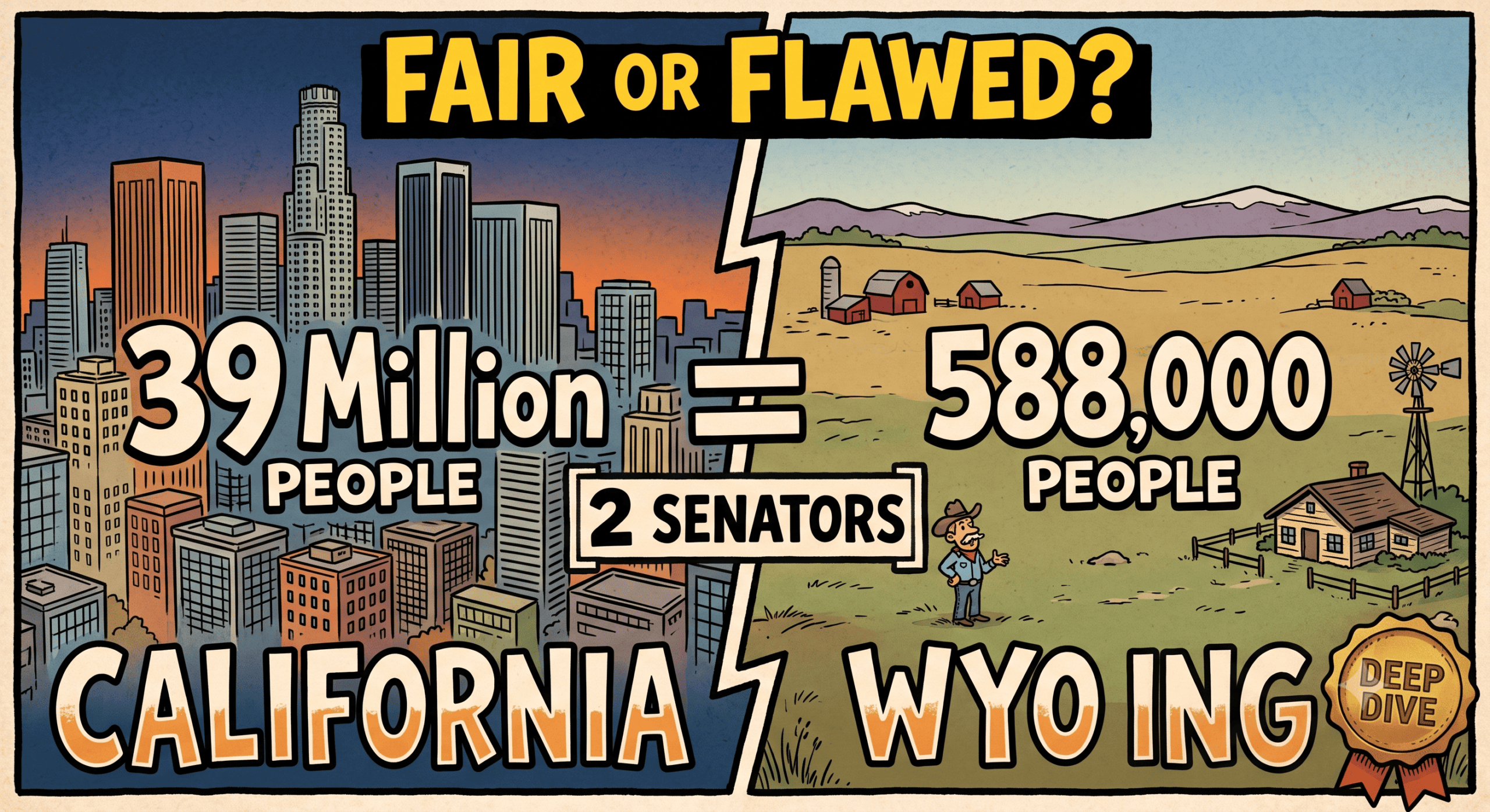 Illustration comparing California and Wyoming to explain the Senate representation gap, showing equal Senate seats despite major population differences.