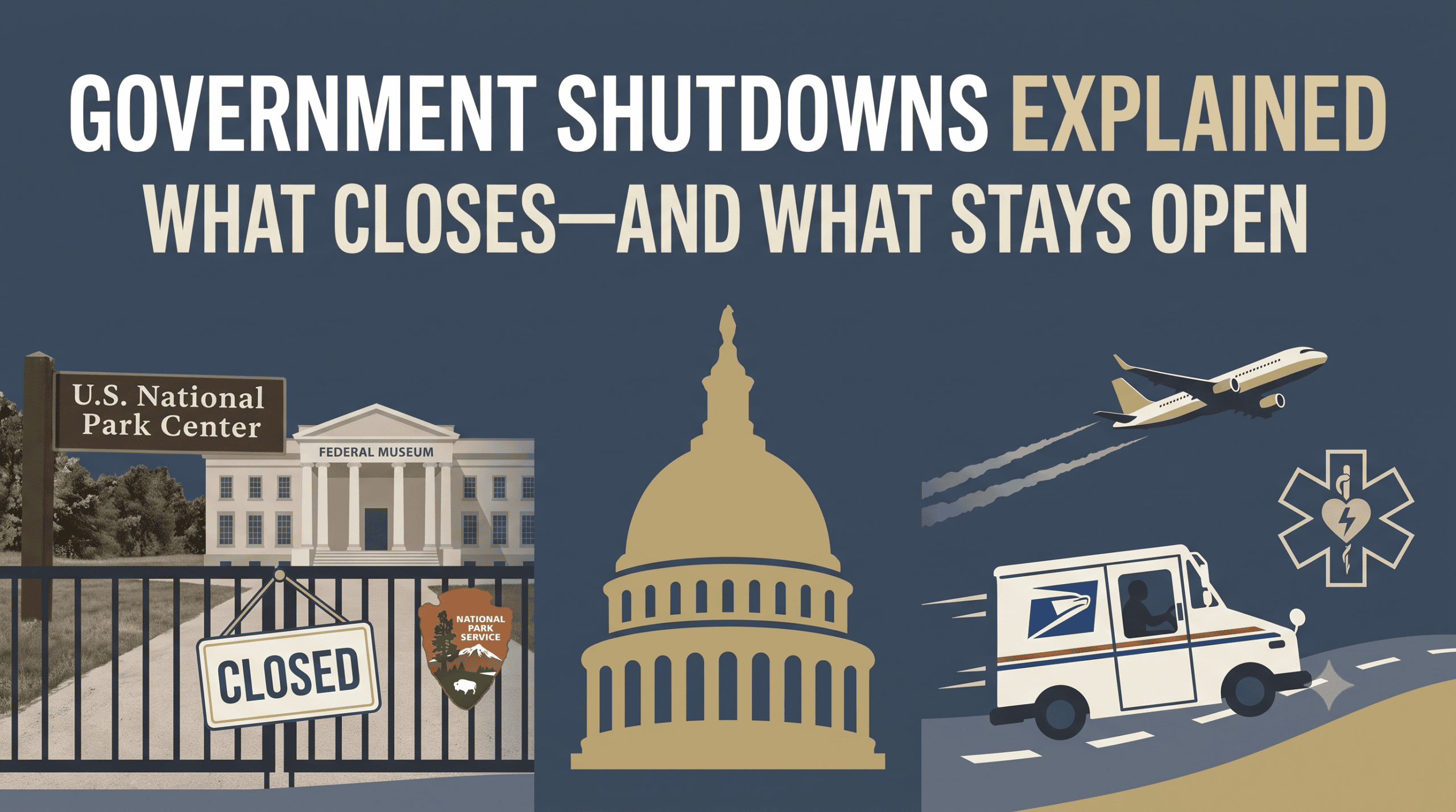 Government shutdown illustration showing closed national parks and museums while mail, flights, emergency services, and the military continue operating.