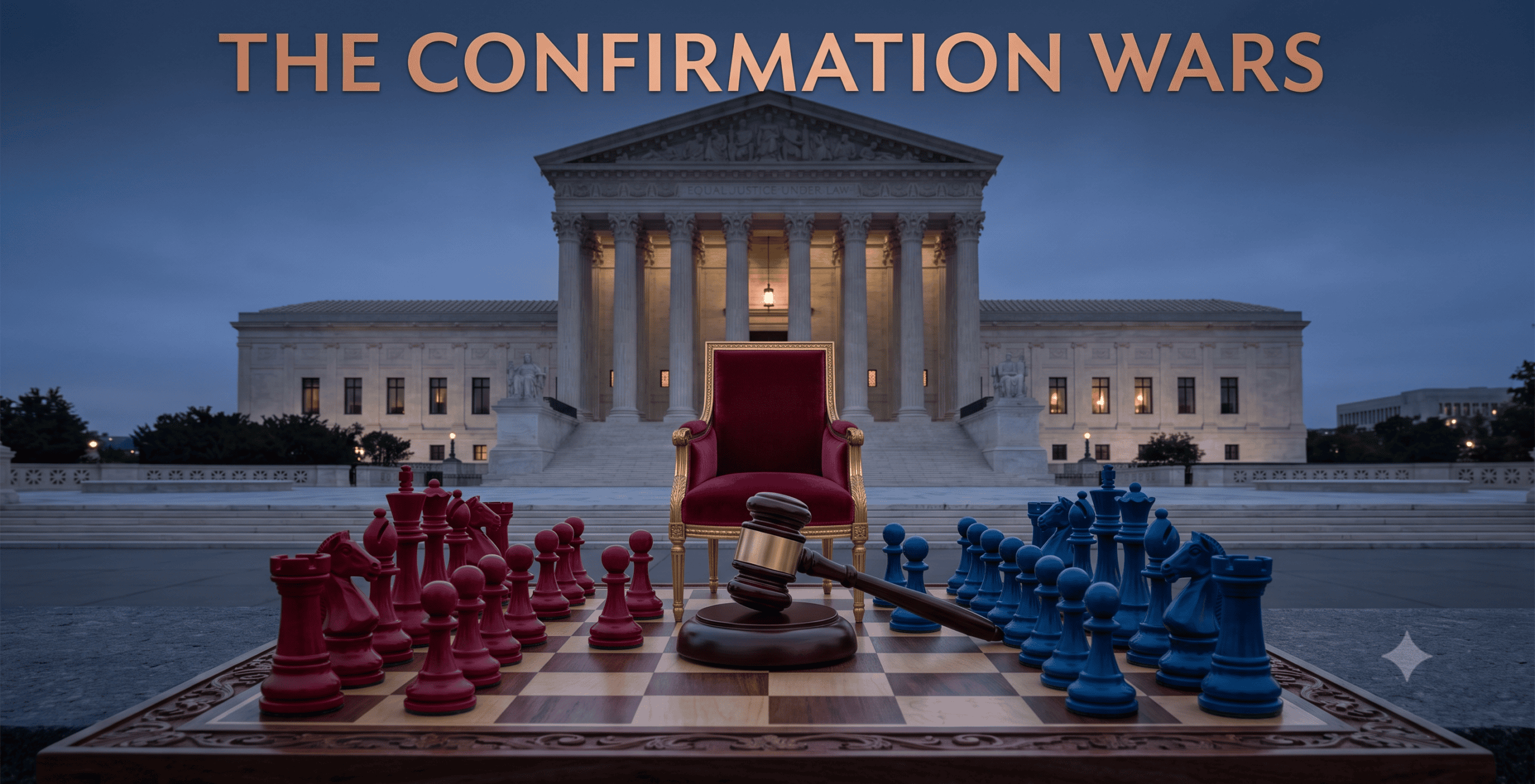 Chess pieces competing for a Supreme Court justice's chair symbolizing the modern Supreme Court confirmation process.