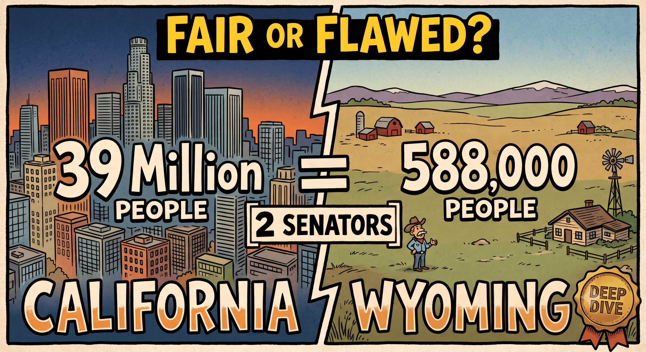 Illustration comparing California and Wyoming to explain the Senate representation gap, showing equal Senate seats despite major population differences.
