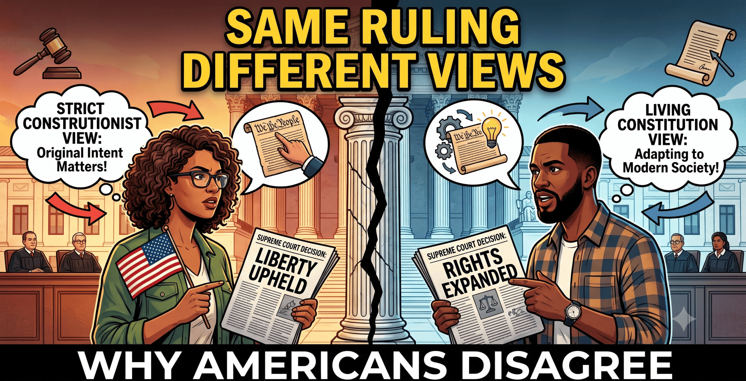 Illustration of two Americans interpreting the same Supreme Court decision differently, representing constitutional debate and judicial philosophy.