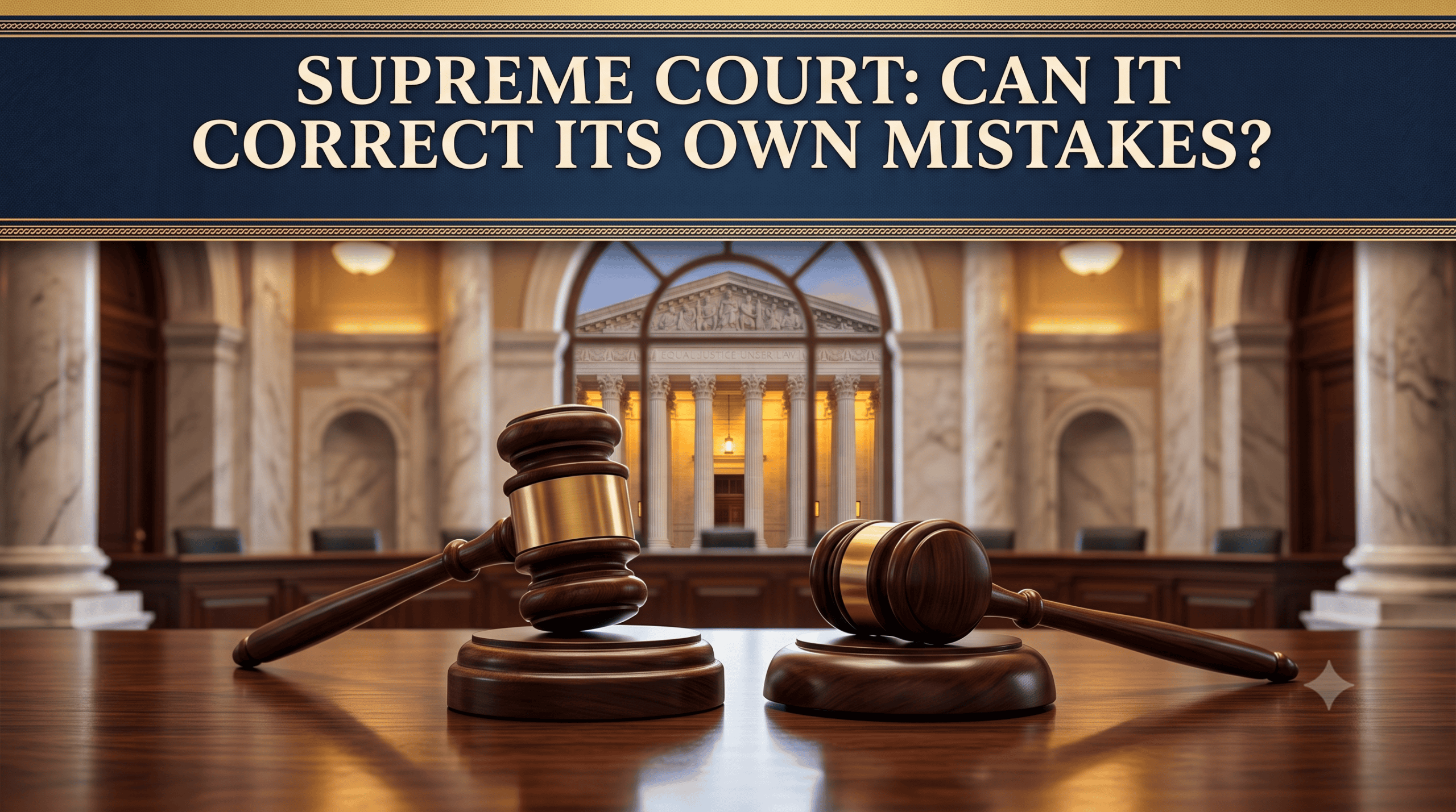 Two judges' gavels in front of the U.S. Supreme Court building symbolizing how Supreme Court decisions can be overturned or corrected over time.