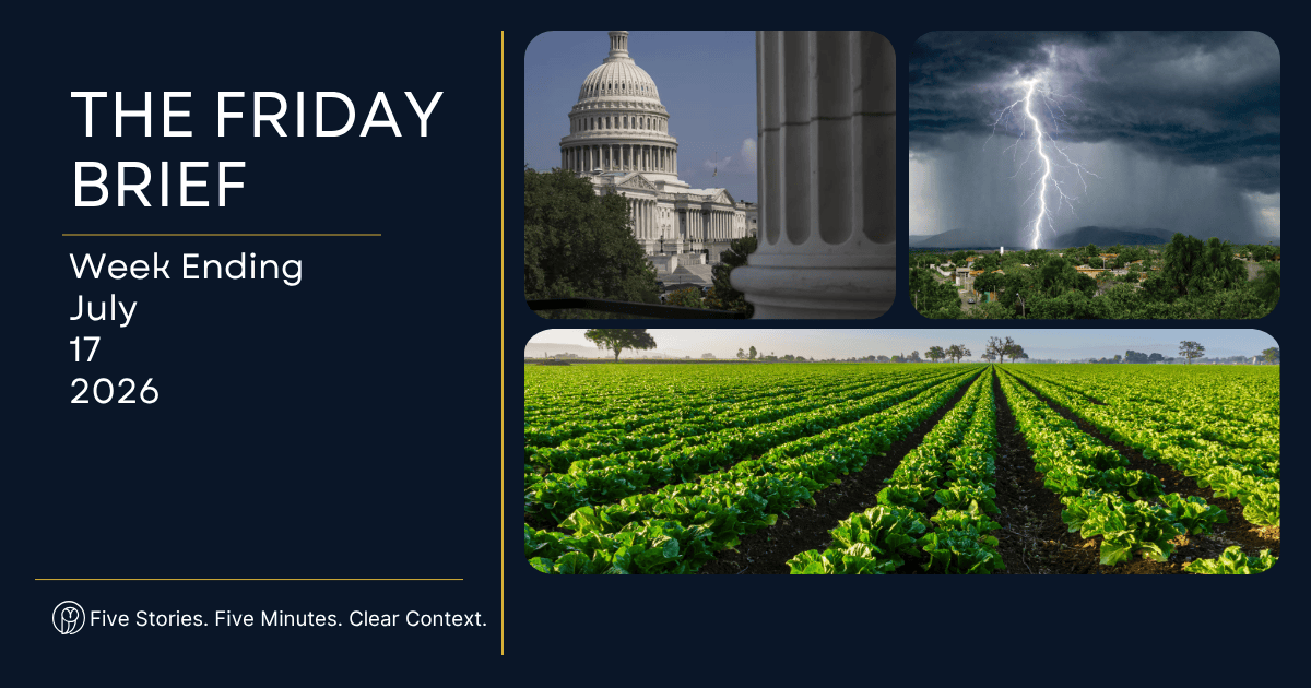 VoteView Weekly Brief featuring the top five current events for July 17–24, 2026, including the Middle East conflict, defense spending, food safety recalls, Tropical Storm Bertha, and the Defense Production Act.