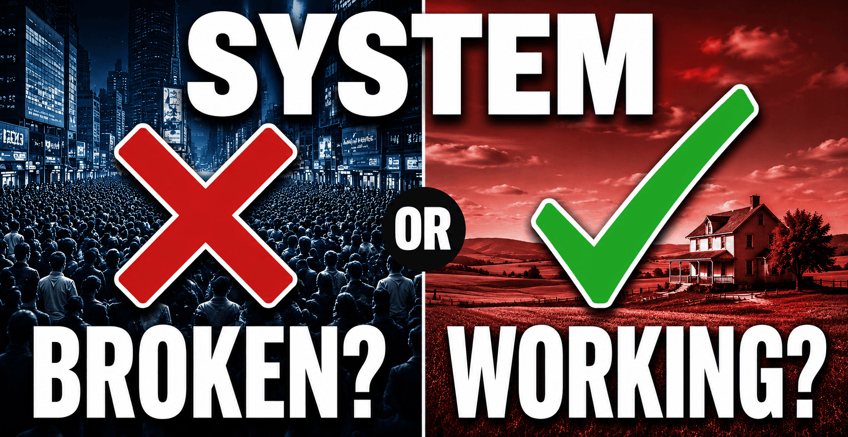 Split-image illustration asking whether the Electoral College system is working or broken, showing a crowded city on one side and a rural landscape on the other.
