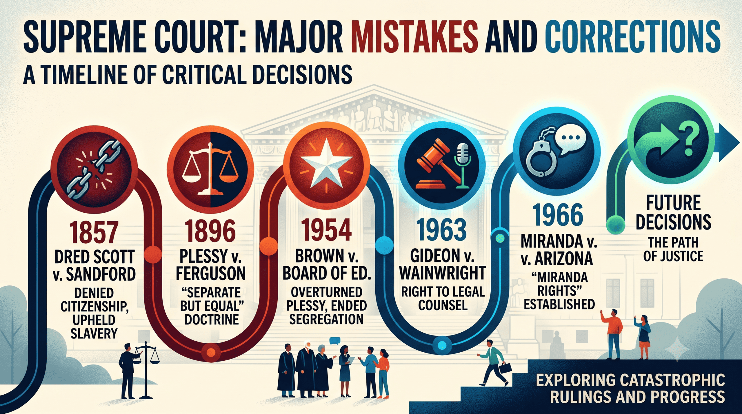 Civics 101 graphic showing a Supreme Court timeline of major mistakes and corrections, including Dred Scott, Plessy, Brown, Gideon, and Miranda.
