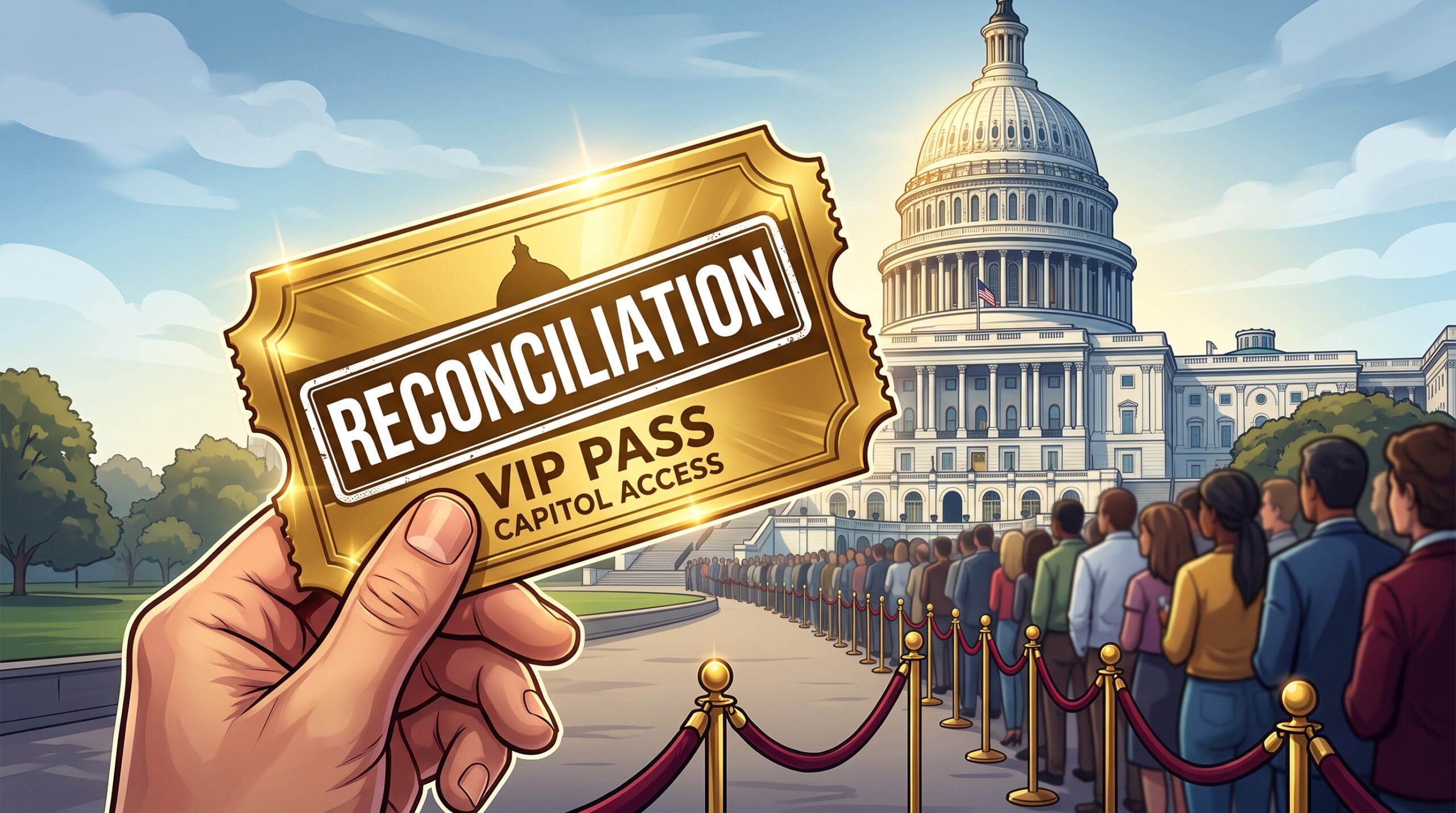 Budget reconciliation illustrated as a VIP pass allowing legislation to move through the U.S. Senate faster