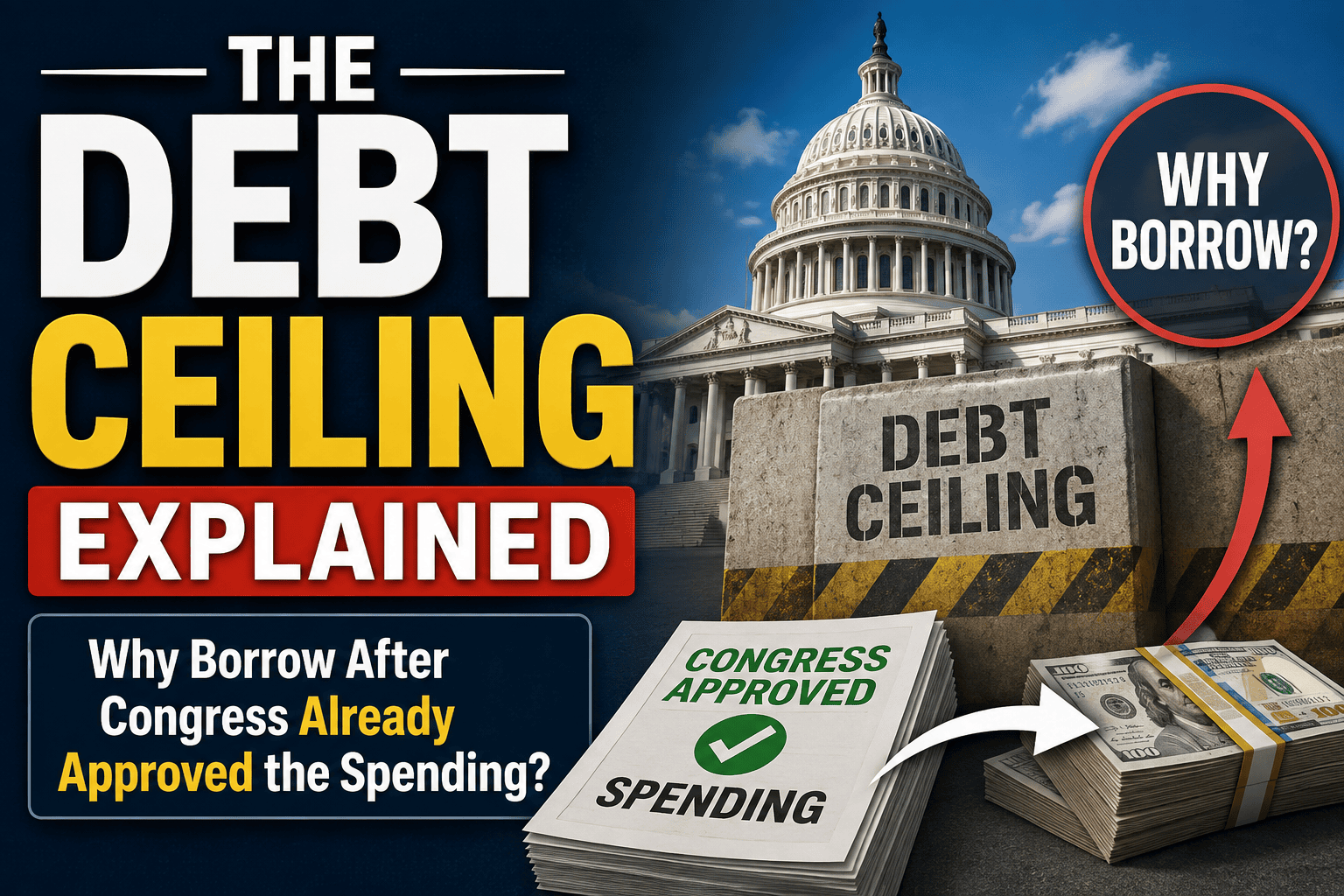 Illustration of a government bill marked spending already approved beside the U.S. Capitol, representing the federal debt-ceiling debate.