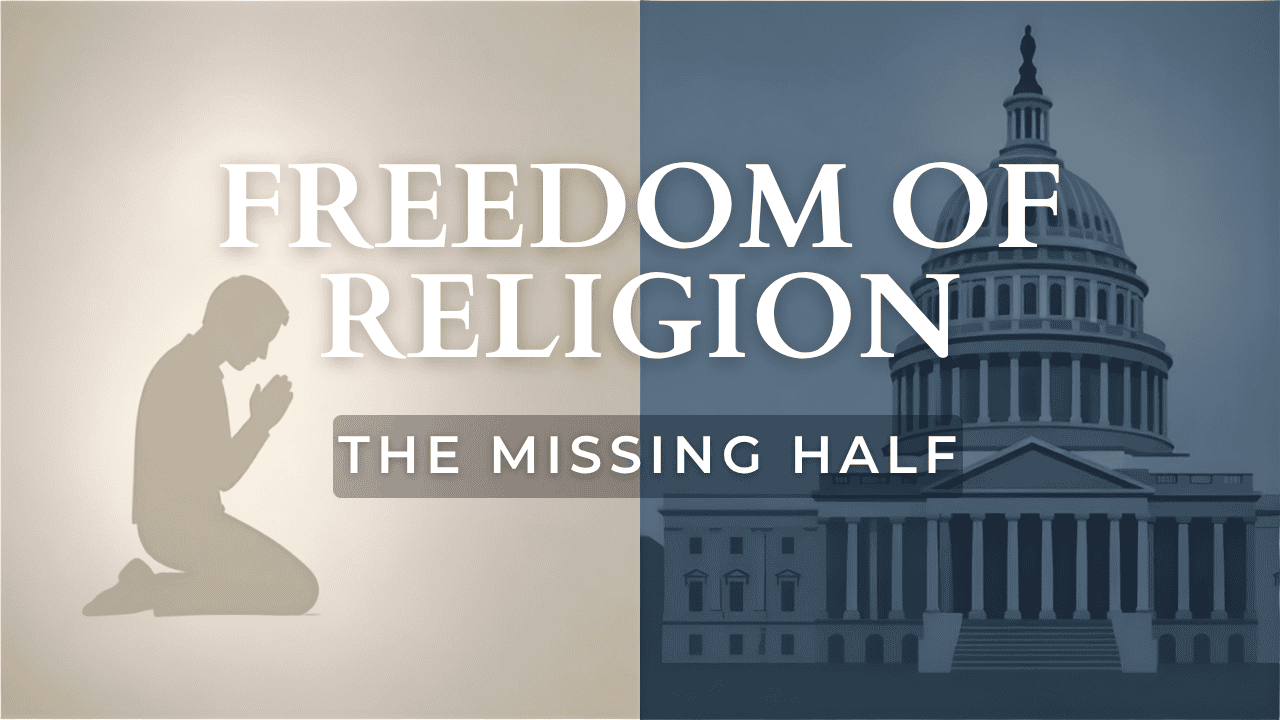 Freedom of Religion graphic showing a person praying beside the U.S. Capitol