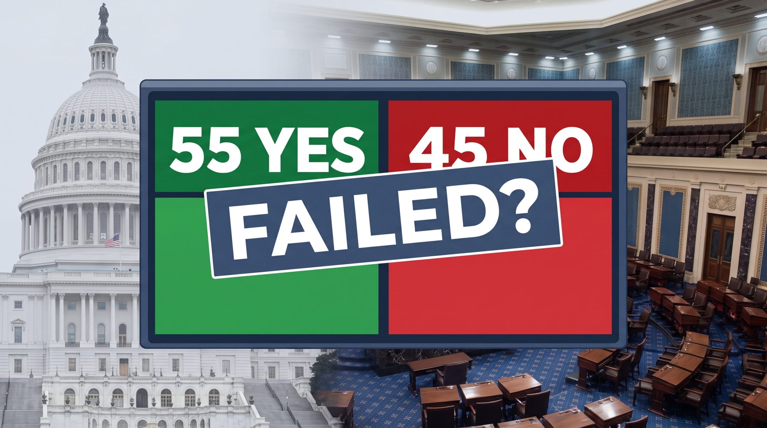 Graphic illustrating how a Senate bill can have 55 votes but still fail to overcome a filibuster because cloture usually requires 60 votes.