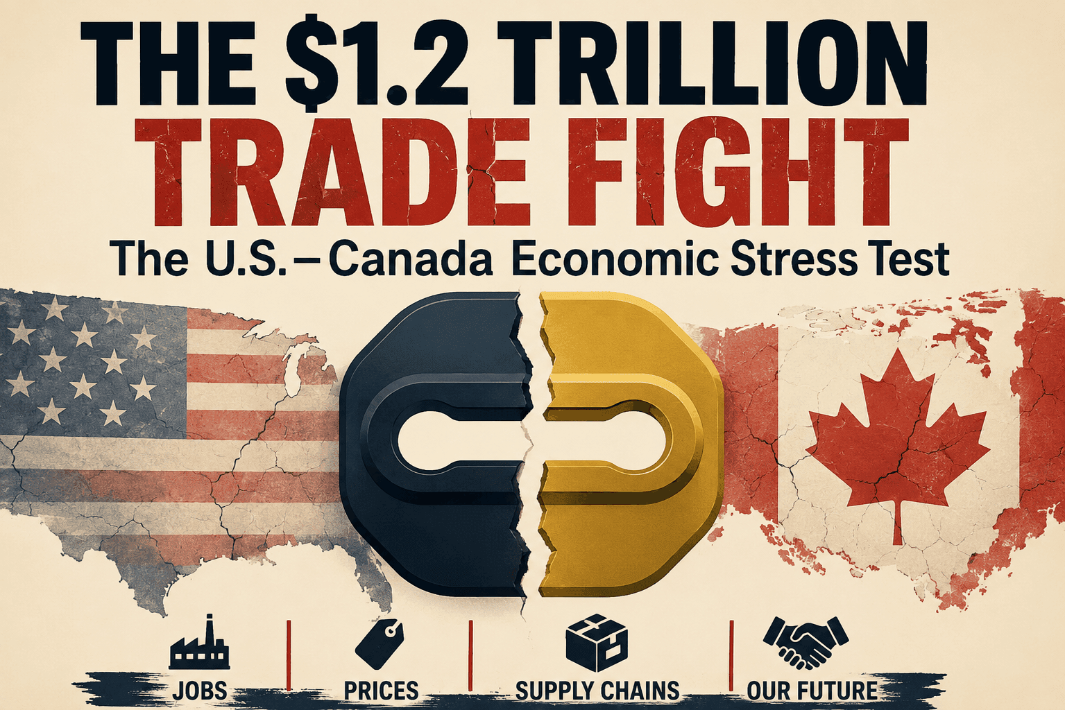 U.S.–Canada trade fight graphic showing a broken economic link between the United States and Canada