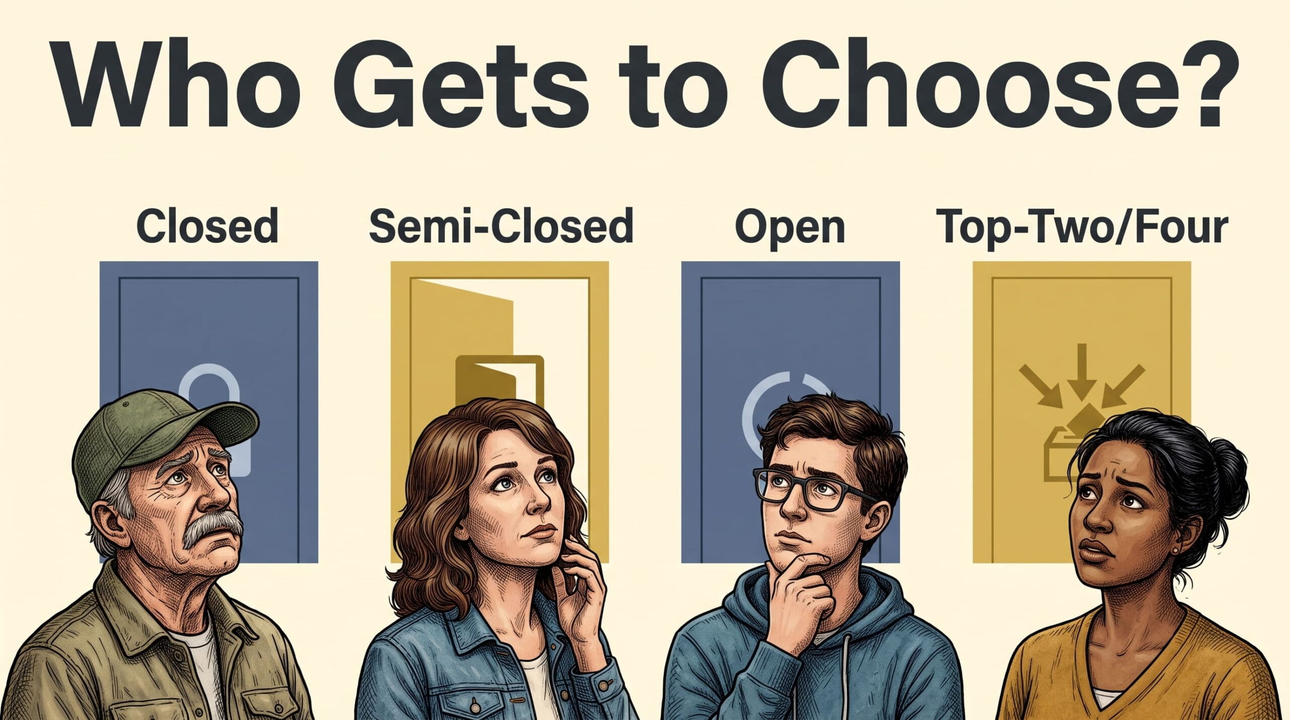 Illustration showing voters facing closed, semi-closed, open, and top-two or top-four primary election options.