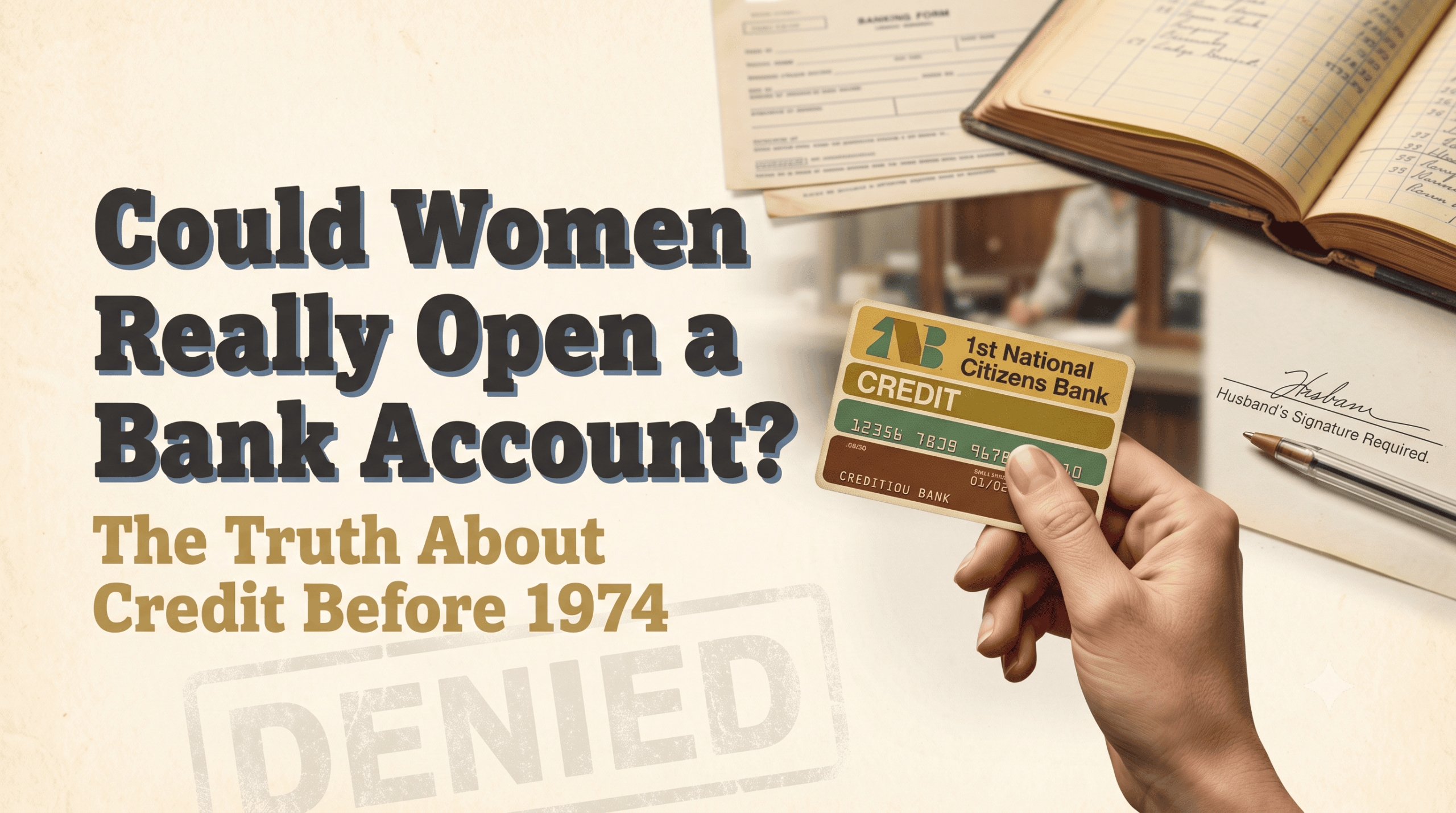 A vintage-style illustration showing a woman holding a credit card at a bank counter with paperwork suggesting financial restrictions before the Equal Credit Opportunity Act of 1974.