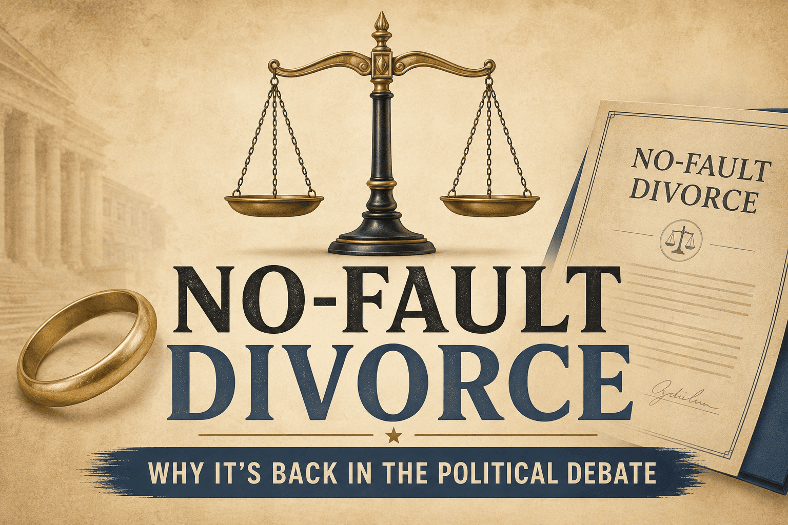 Illustration representing marriage, divorce documents, and scales of justice symbolizing the debate over no-fault divorce laws in America.