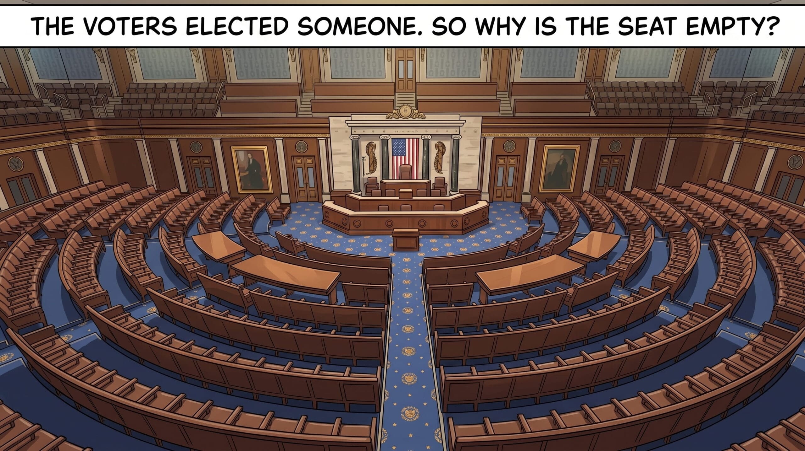 Illustration of an empty U.S. House chamber asking why an elected representative's seat could remain empty