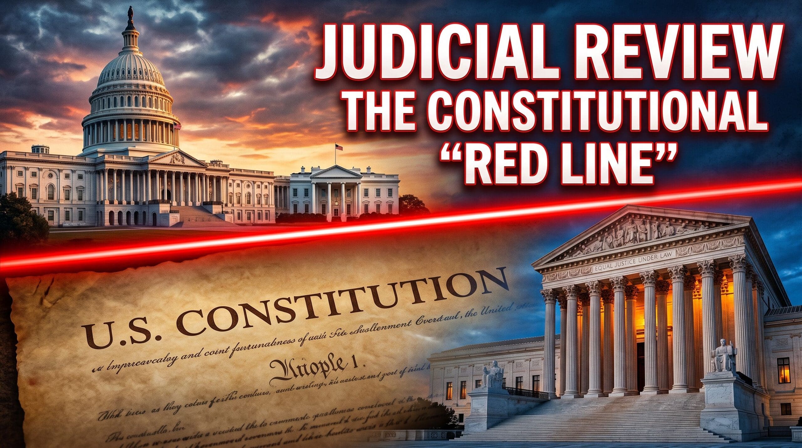 Judicial Review: The Constitutional Red Line, showing the U.S. Capitol, Constitution, and Supreme Court