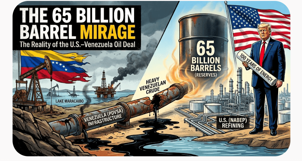 Illustration of the U.S.–Venezuela oil deal involving 65 billion barrels of Venezuelan oil reserves