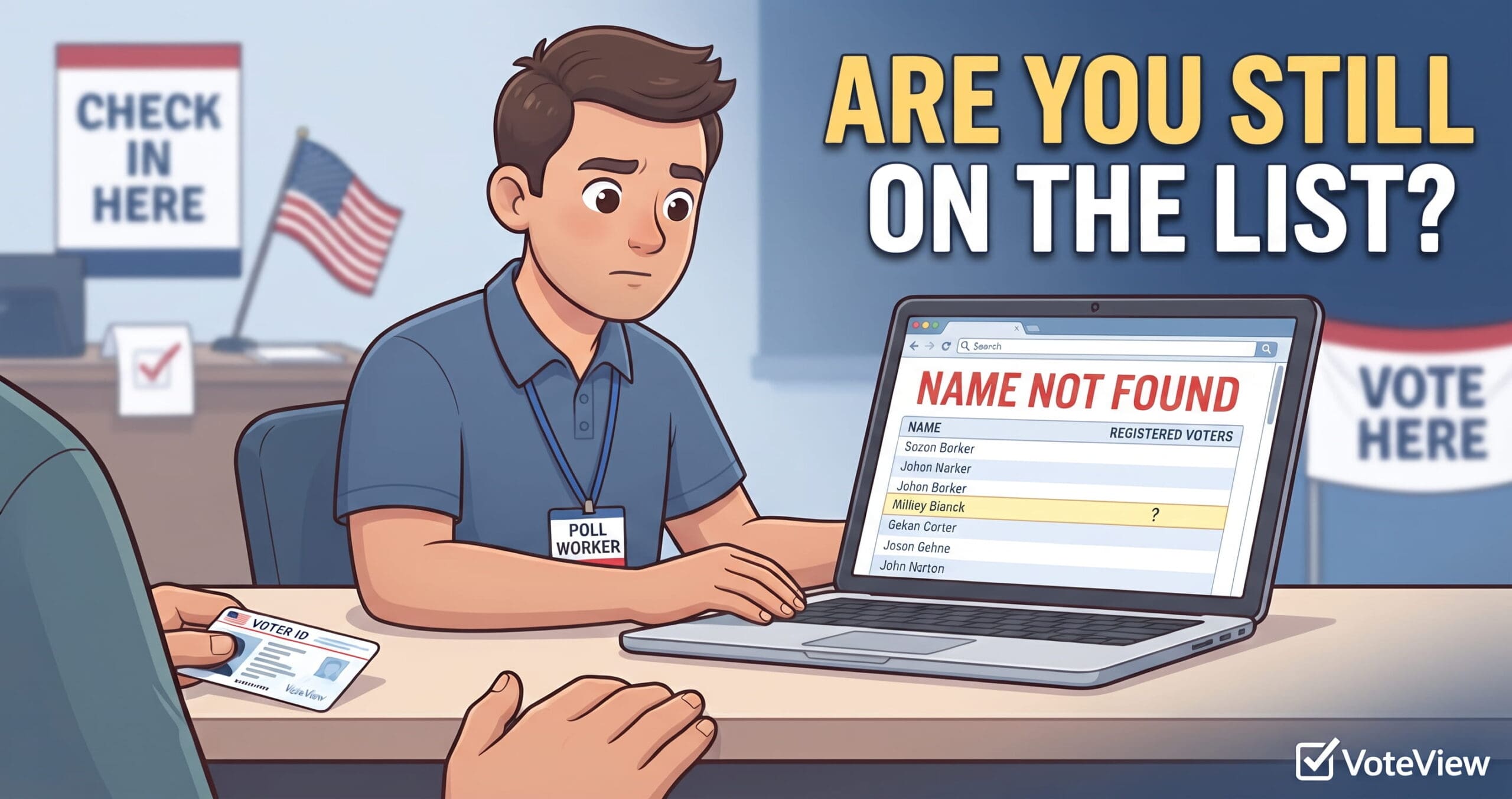 Illustration of a voter checking in at a polling place as a computer screen displays “Name Not Found.”