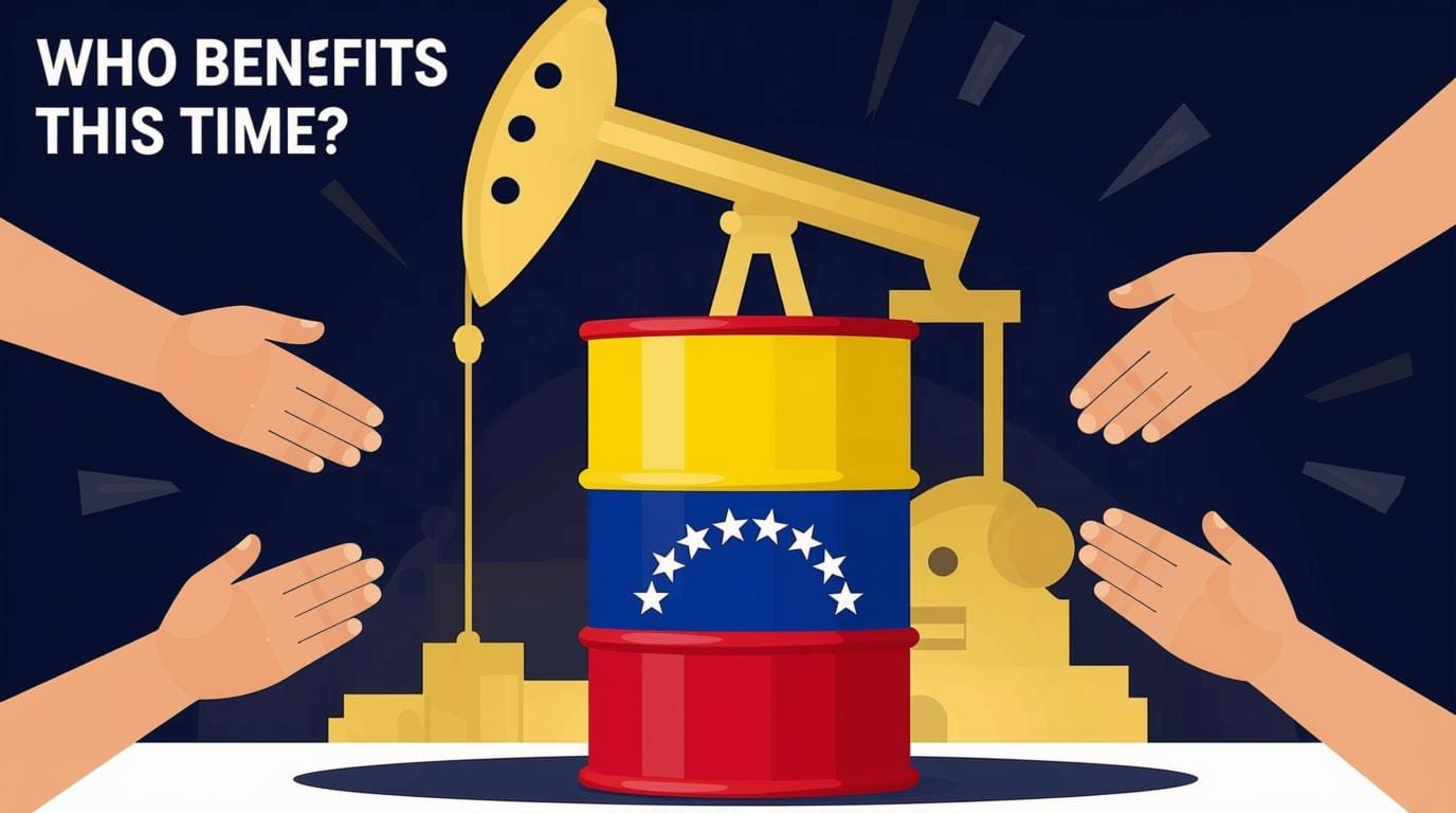 Hands reaching toward a Venezuelan oil barrel beneath a pumpjack with the words “Who Benefits This Time?”