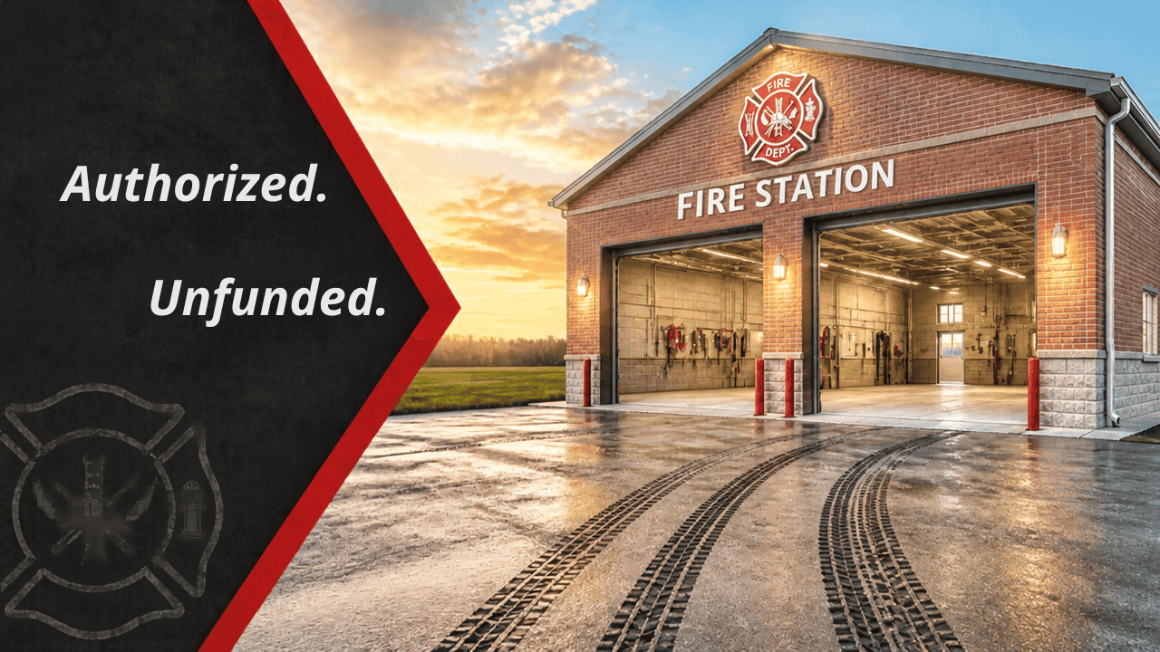 Empty fire station with the words “Authorized. Unfunded.” illustrating a government program created without funding.