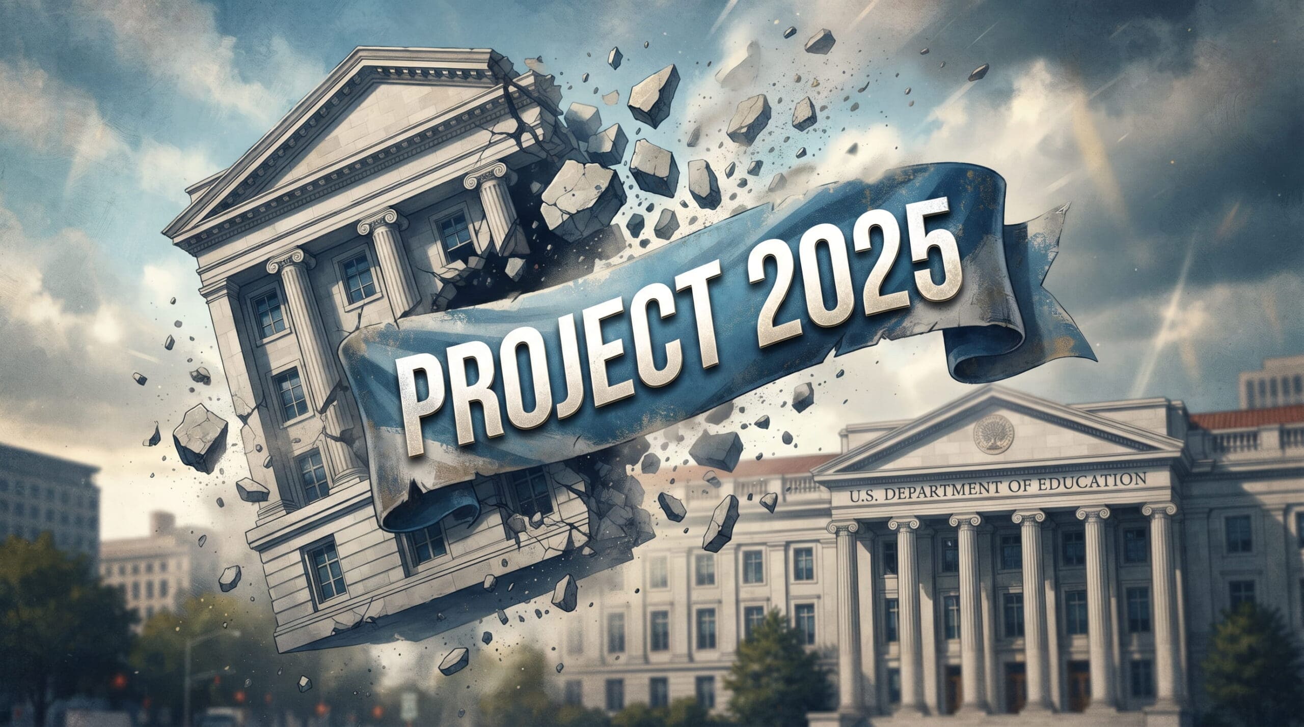 Illustration of a cracked federal building beneath a Project 2025 banner, with the U.S. Department of Education building in the background.