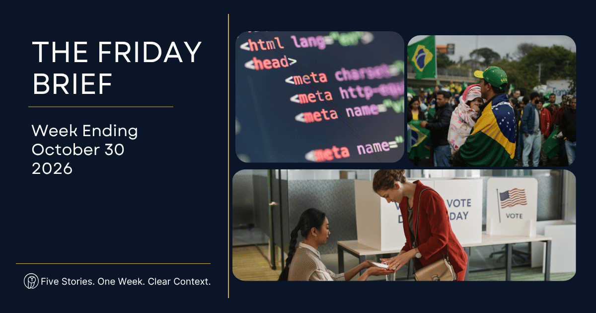 VoteView News Friday Brief for October 30, 2026, featuring five current events stories about Ukraine, the economy, technology, Brazil, and Israel.