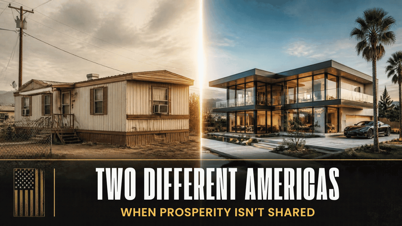 Two contrasting American homes, a modest manufactured house and a luxury mansion, illustrating economic inequality.