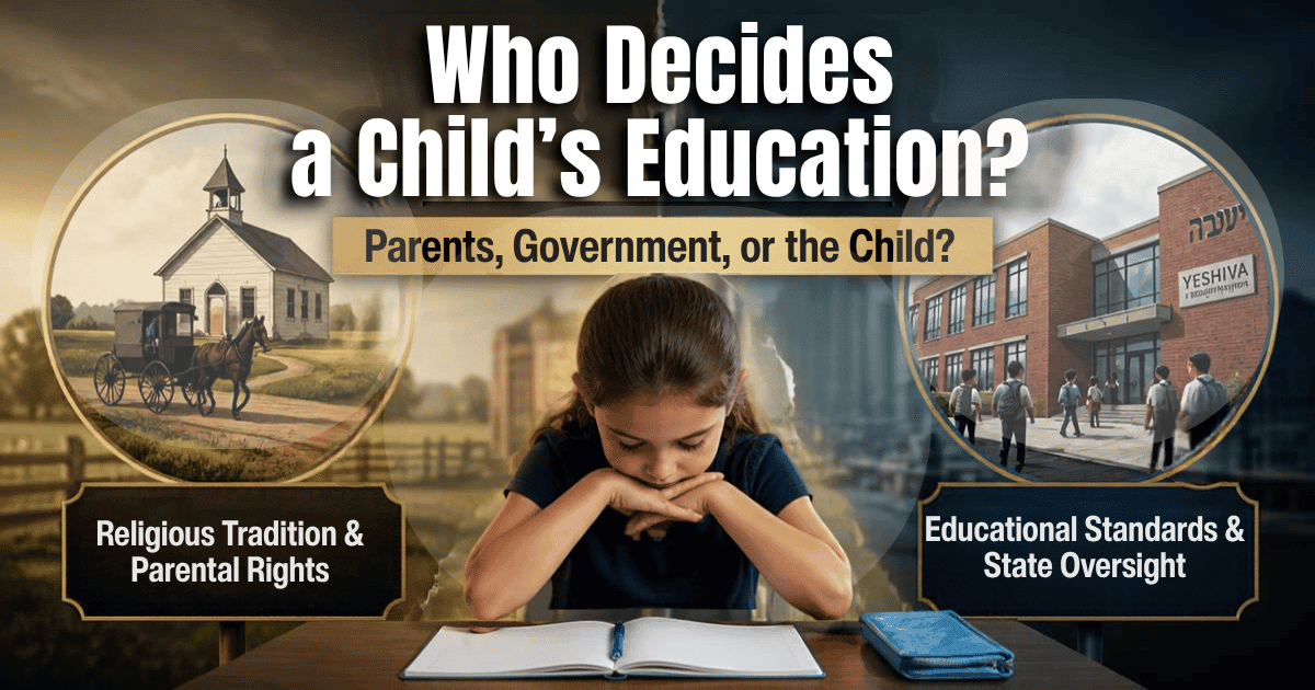 A student sits between an Amish schoolhouse and a New York yeshiva, illustrating the debate over parental rights and educational standards.